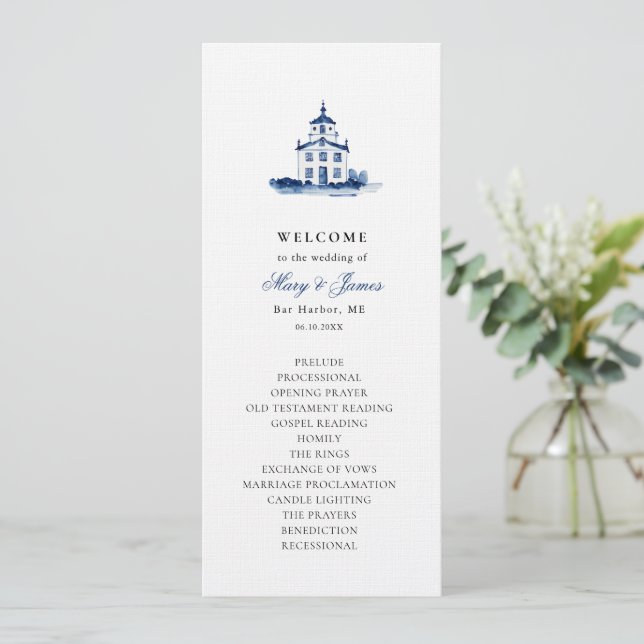 Blue Watercolor Church Wedding Flat Program (Standing Front)