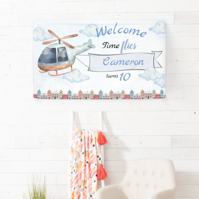 Blue Watercolor City Helicopter Birthday Banner (Insitu)