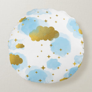 Blue Watercolor Clouds Gold Stars Sky  Round Pillow