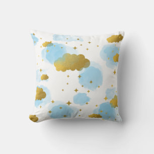 Blue Watercolor Clouds Gold Stars Sky Throw Pillow