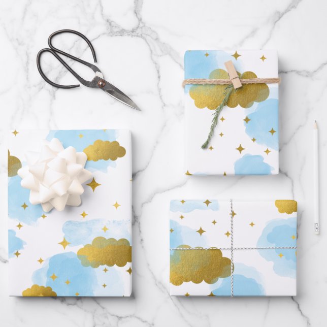 Blue Watercolor Clouds Gold Stars Sky   Wrapping Paper Sheet (Front)