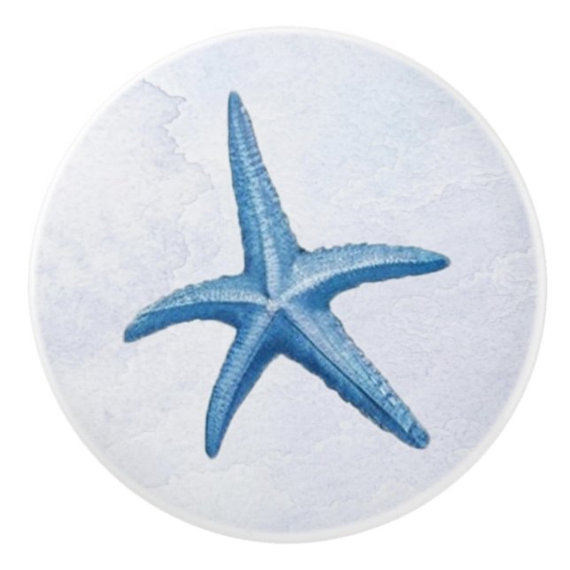 Blue Watercolor Coastal Beach Starfish Seashells   Ceramic Knob (Front)