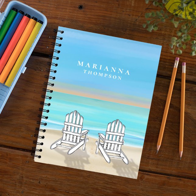 Blue Watercolor Coastal Personalized Notebook (Watercolor ocean blue with two Adirondack chairs sitting on the beach. )