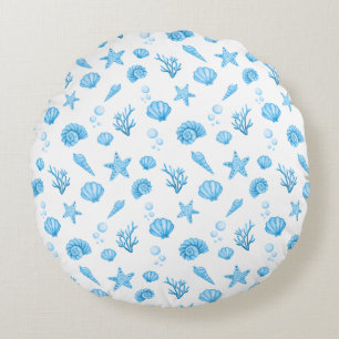 Blue Watercolor Coastal Seashell Starfish Round Pillow