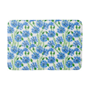 Blue watercolor cornflowers, wild flowers on white bath mat