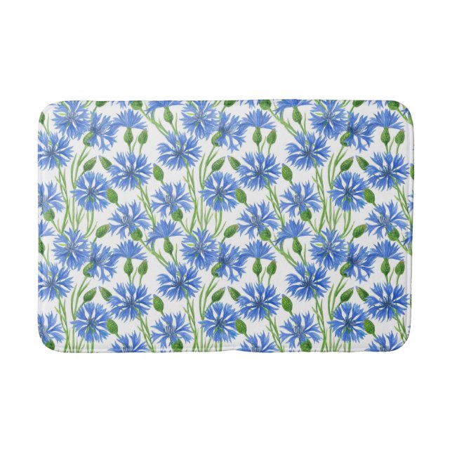 Blue watercolor cornflowers, wild flowers on white bath mat (Front)