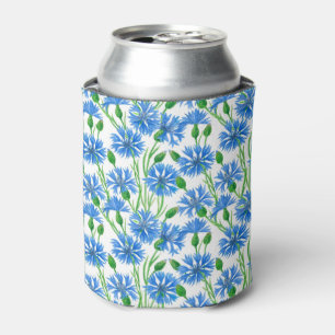 Blue watercolor cornflowers, wild flowers on white can cooler