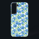 Blue watercolor cornflowers, wild flowers on white samsung galaxy case<br><div class="desc">Cornflowers painted with watercolors on paper then pattern done in Photoshop.</div>