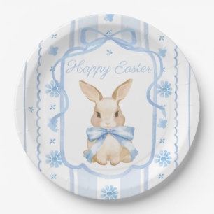 Blue Watercolor Cottage Bow Bunny Easter Classic Paper Plate