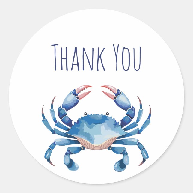 Blue Watercolor Crab Thank You Sticker (Front)