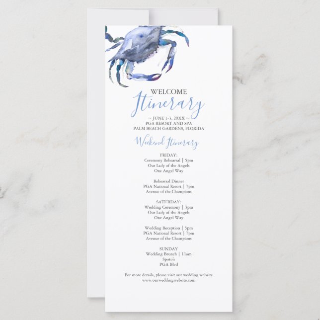 Blue Watercolor Crab Wedding Itinerary (Front)