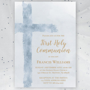 blue watercolor cross First Holy Communion Invitation