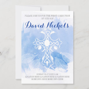 Blue watercolor cross leaves First Holy Communion Invitation