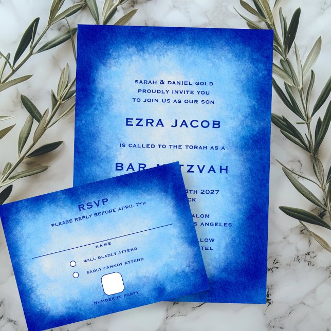 Blue Watercolor Custom Bar Bat Mitzvah RSVP Card (Blue Watercolor Custom Bar Bat Mitzvah RSVP Card
)