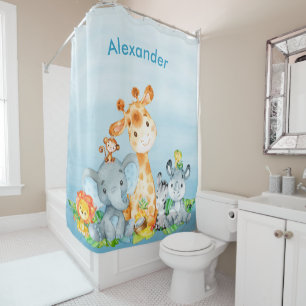 Blue Watercolor Cute Safari Jungle Animals