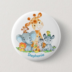 Blue Watercolor Cute Safari Jungle Animals 2 Inch Round Button