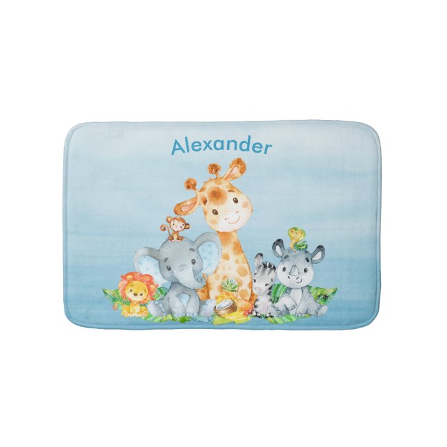 Blue Watercolor Cute Safari Jungle Animals Bath Mat (Front)