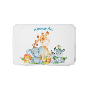 Blue Watercolor Cute Safari Jungle Animals Bath Mat