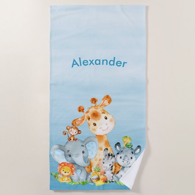 Blue Watercolor Cute Safari Jungle Animals Beach Towel (Front)