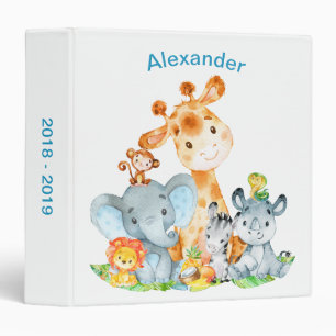 Blue Watercolor Cute Safari Jungle Animals Binder