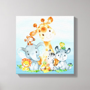 Blue Watercolor Cute Safari Jungle Animals Canvas Print