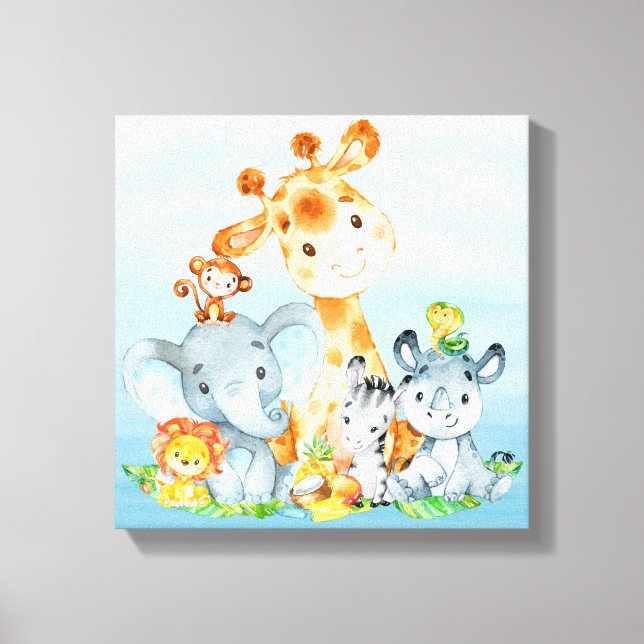Blue Watercolor Cute Safari Jungle Animals Canvas Print (Front)