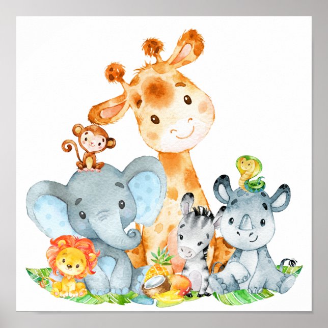 Blue Watercolor Cute Safari Jungle Animals Poster (Front)