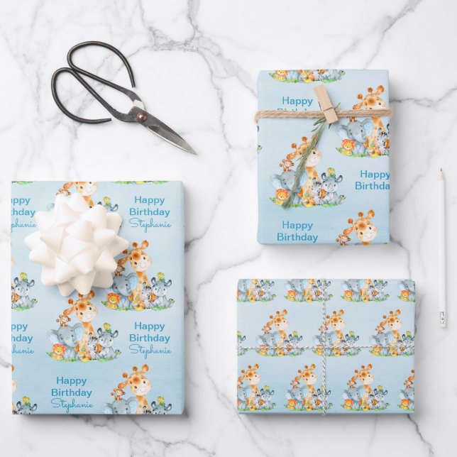 Blue Watercolor Cute Safari Jungle Animals Wrapping Paper Sheet (Front)