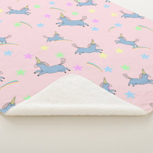 Blue watercolor cute Unicorn rainbow stars pattern Sherpa Blanket