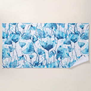 Blue Watercolor Daisies Beach Towel