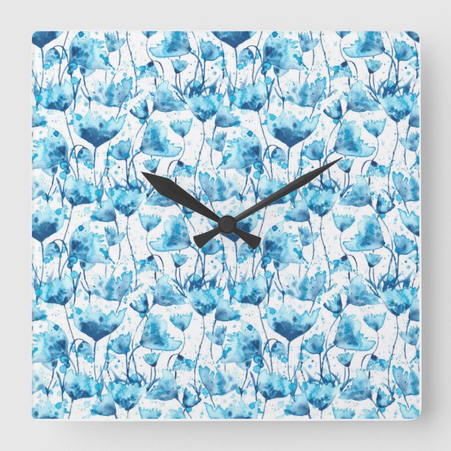 Blue Watercolor Daisies Square Wall Clock (Front)