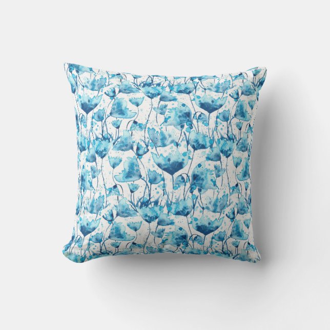 Blue Watercolor Daisies Throw Pillow (Front)
