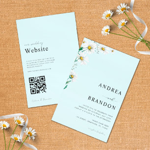 Blue Watercolor Daisy Wildflower QR Code Wedding Invitation