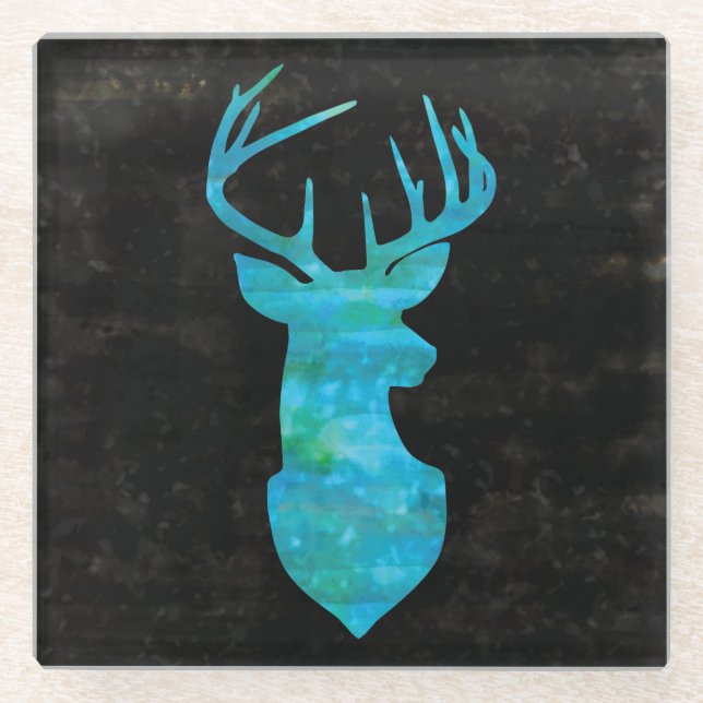 Blue Watercolor Deer Silhouette Glass Coaster (Front)
