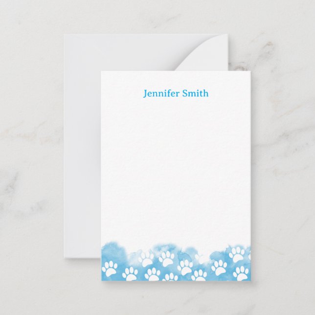 Blue Watercolor Dog Paw Personalized Stationery Card (Front)