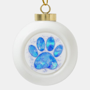 Blue Watercolor Dog Paw Print Ceramic Ball Christmas Ornament