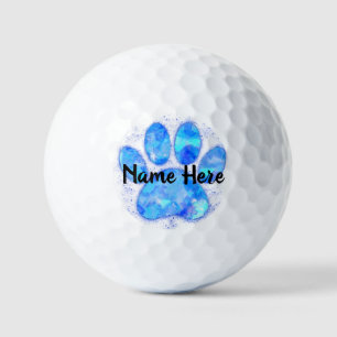 Blue Watercolor Dog Paw Print Custom Name Golf Balls