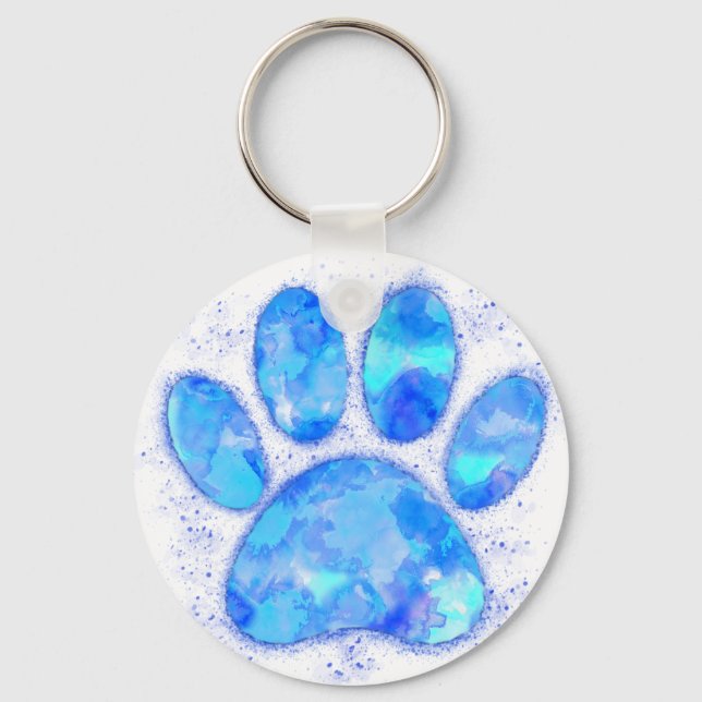 Blue Watercolor Dog Paw Print Keychain (Front)