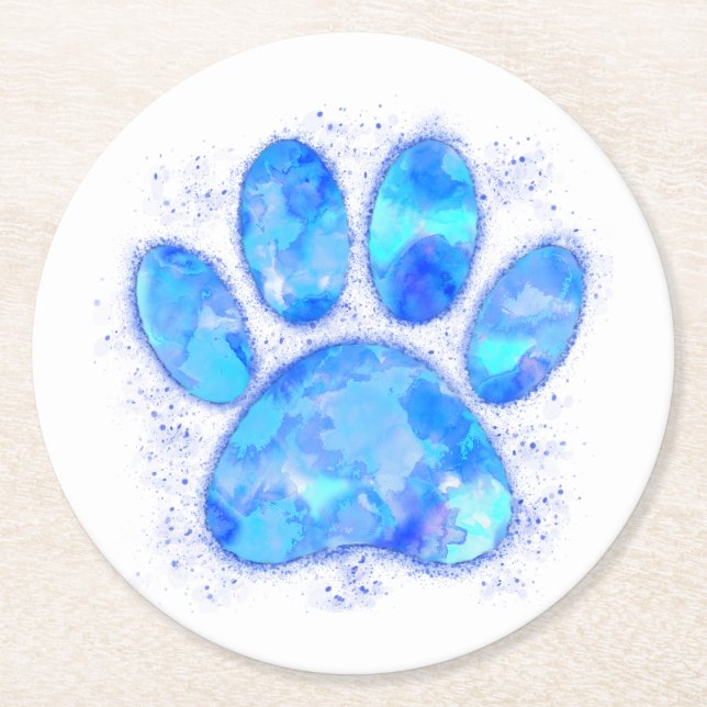Blue Watercolor Dog Paw Print Round Paper Coaster (Front)