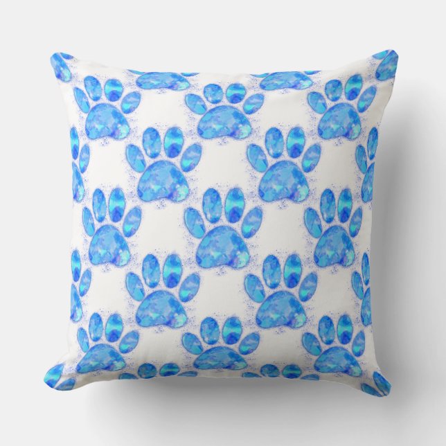 Blue Watercolor Dog Paw Print Throw Pillow (Front)