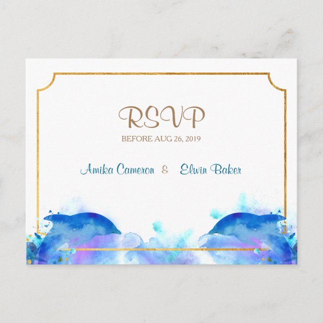 Blue Watercolor Dolphin RSVP Postard Invitation Postcard (Front)
