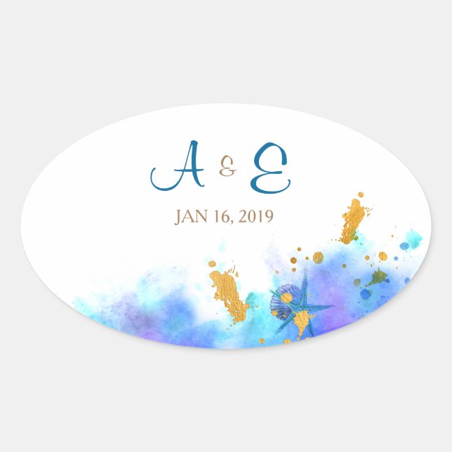Blue Watercolor Dolphin Wedding Oval Sticker (Front)