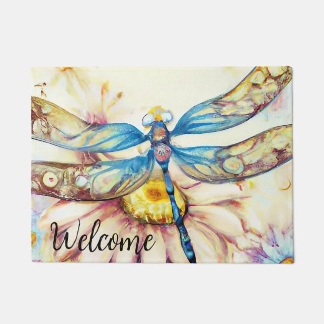 Blue Watercolor Dragonfly, Personalize Doormat (Front)