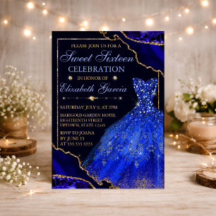 Blue Watercolor Dress & Glitter Agate Sweet 16 Invitation