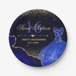 Blue Watercolor Dress & glitter agate Sweet 16 Paper Plate