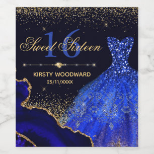 Blue Watercolor Dress & glitter agate Sweet 16 Wine Label