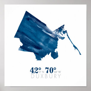 Blue Watercolor Duxbury MA Map with Coordinates Poster