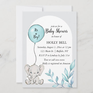 Blue Watercolor Elephant Baby Shower Invitation