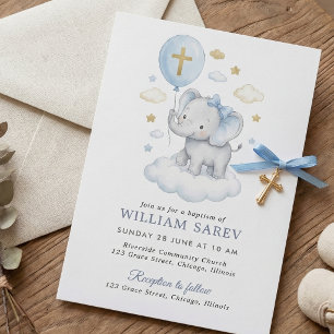 Blue Watercolor Elephant Baptism Cross and Clouds  Invitation