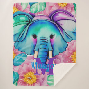 Blue Watercolor Elephant Personalized Name Sherpa Blanket